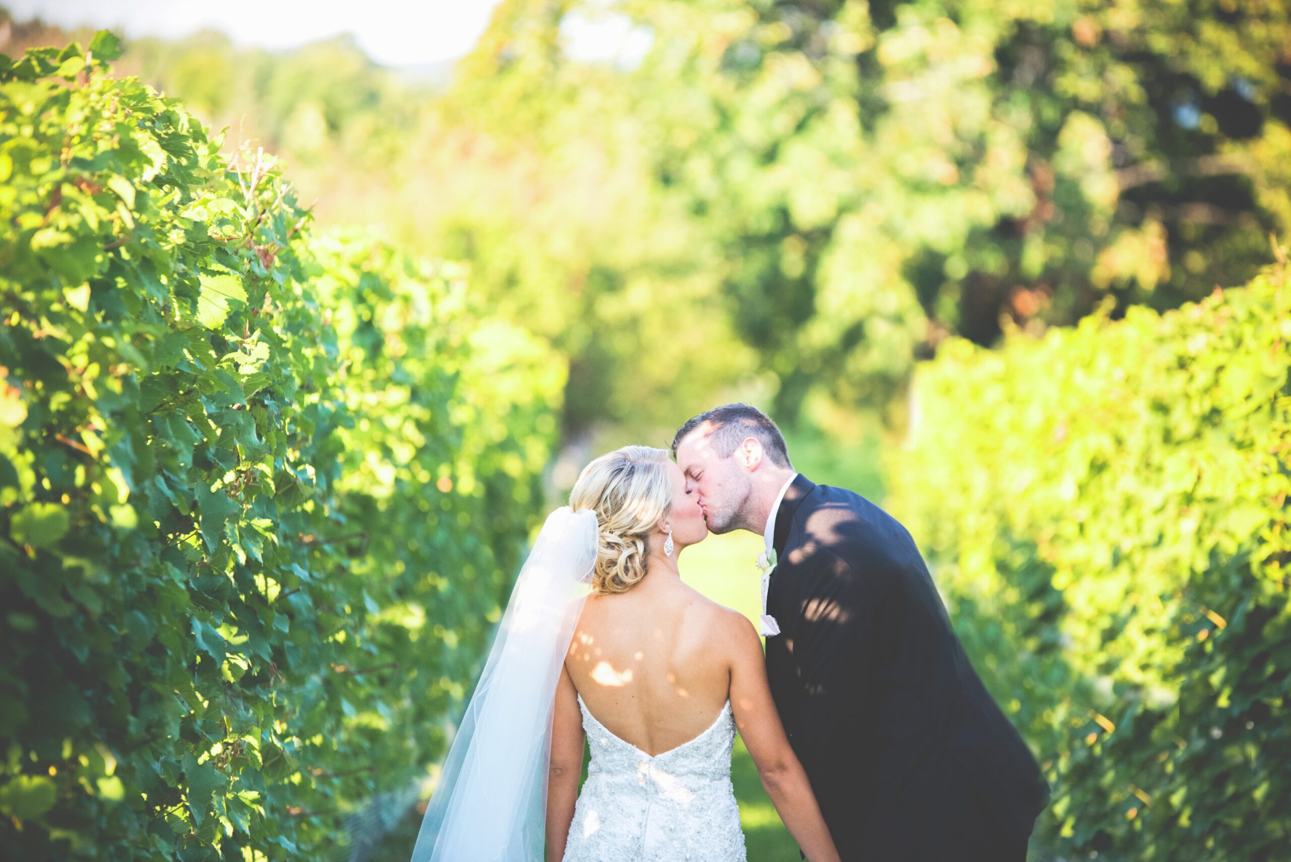 Bride and groom walking down vineyard on old mission peninsula traverse city michigan