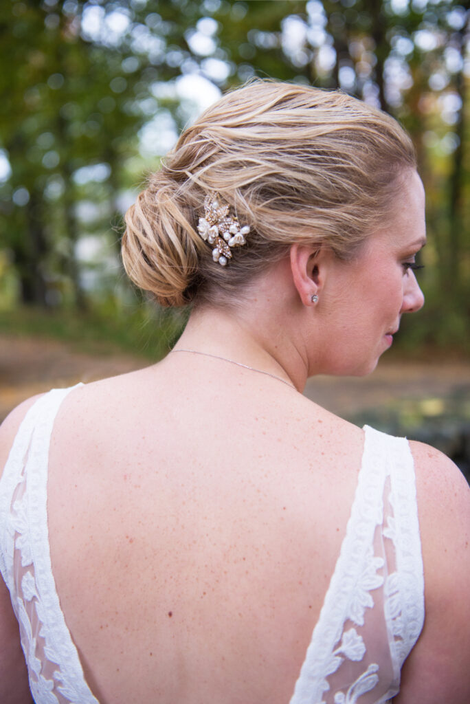 bride in lace dress on old mission peninsula traverse city. michigan