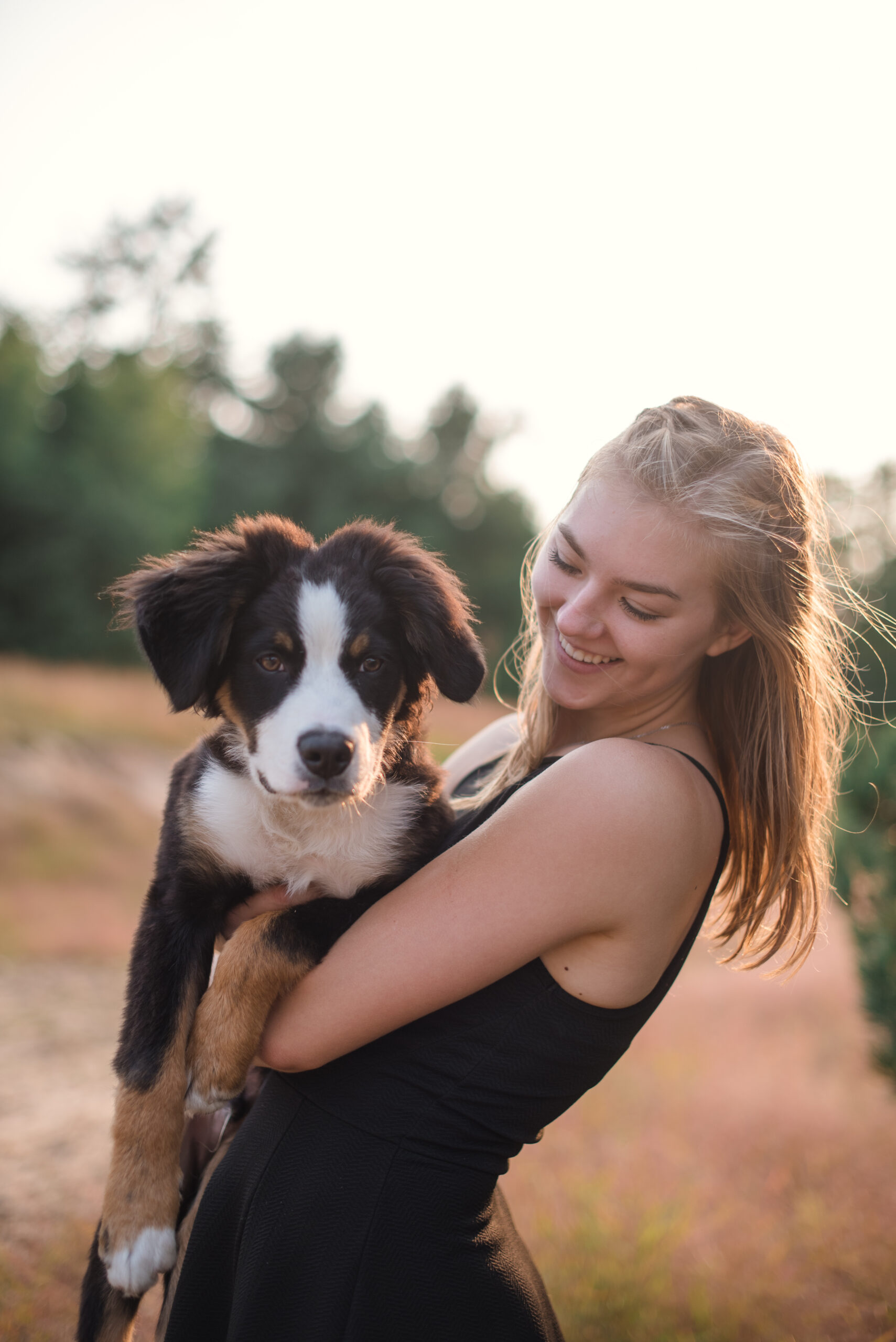 traverse city senior posing in northern michigan with dog