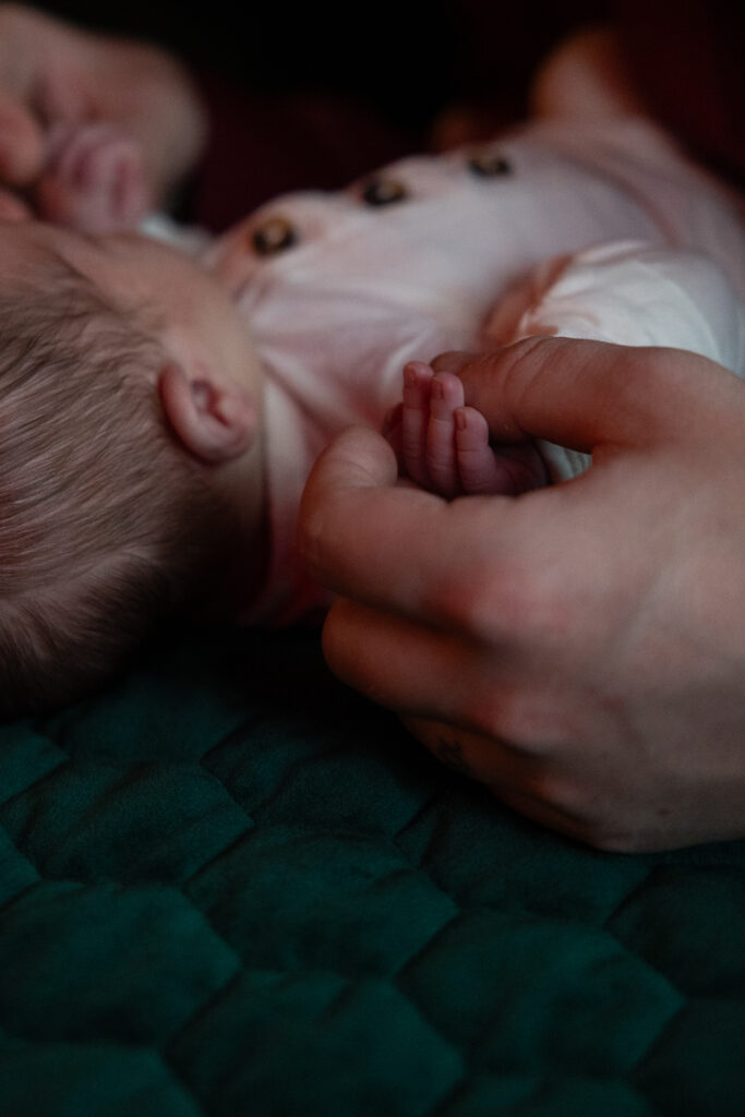 dad and baby holding hands during newborn photos in traverse city. Photo by Traverse City Photographer Lina Lavonne Photography