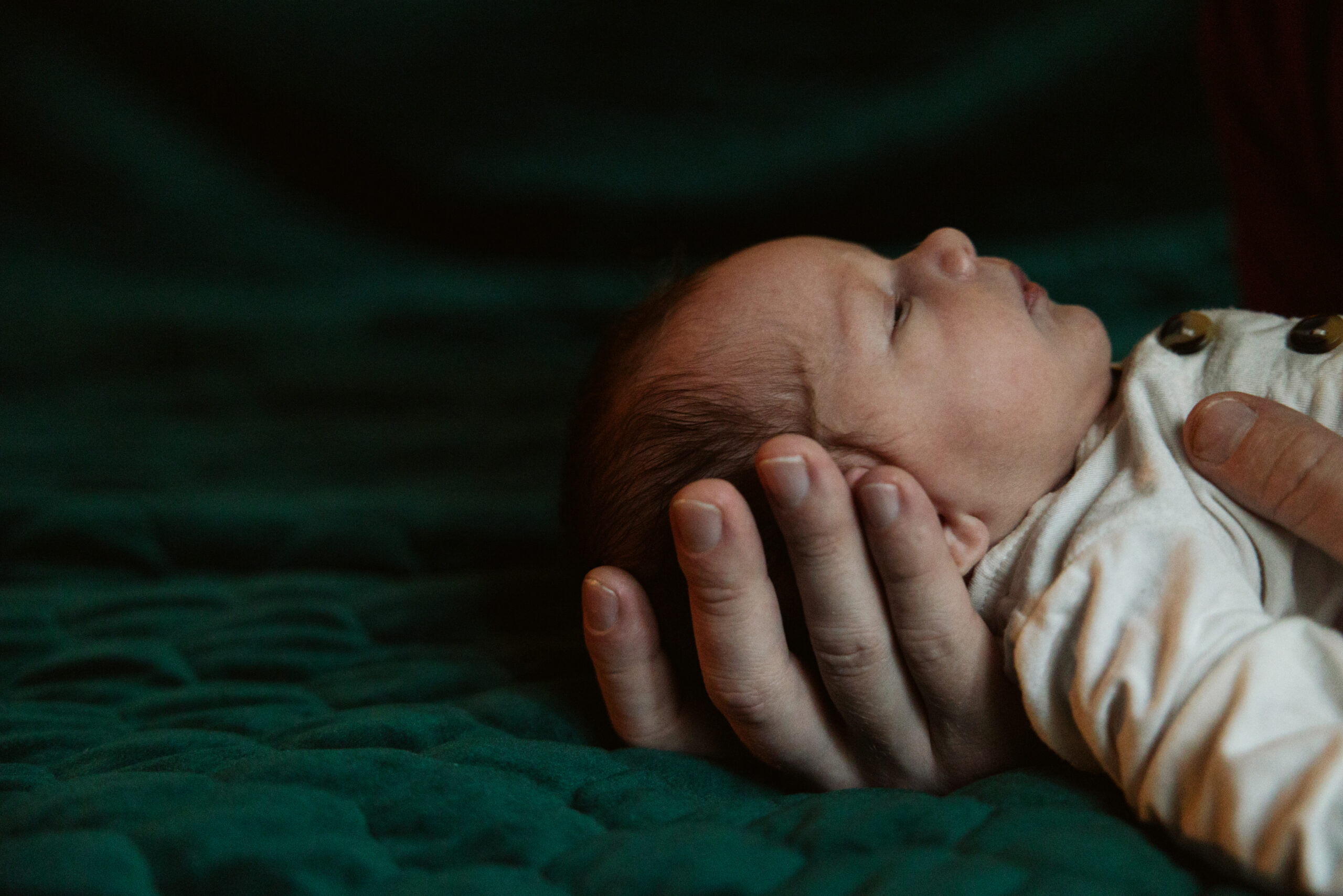 dad holding baby during newborn photos in traverse city. Photo by Traverse City Photographer Lina Lavonne Photography
