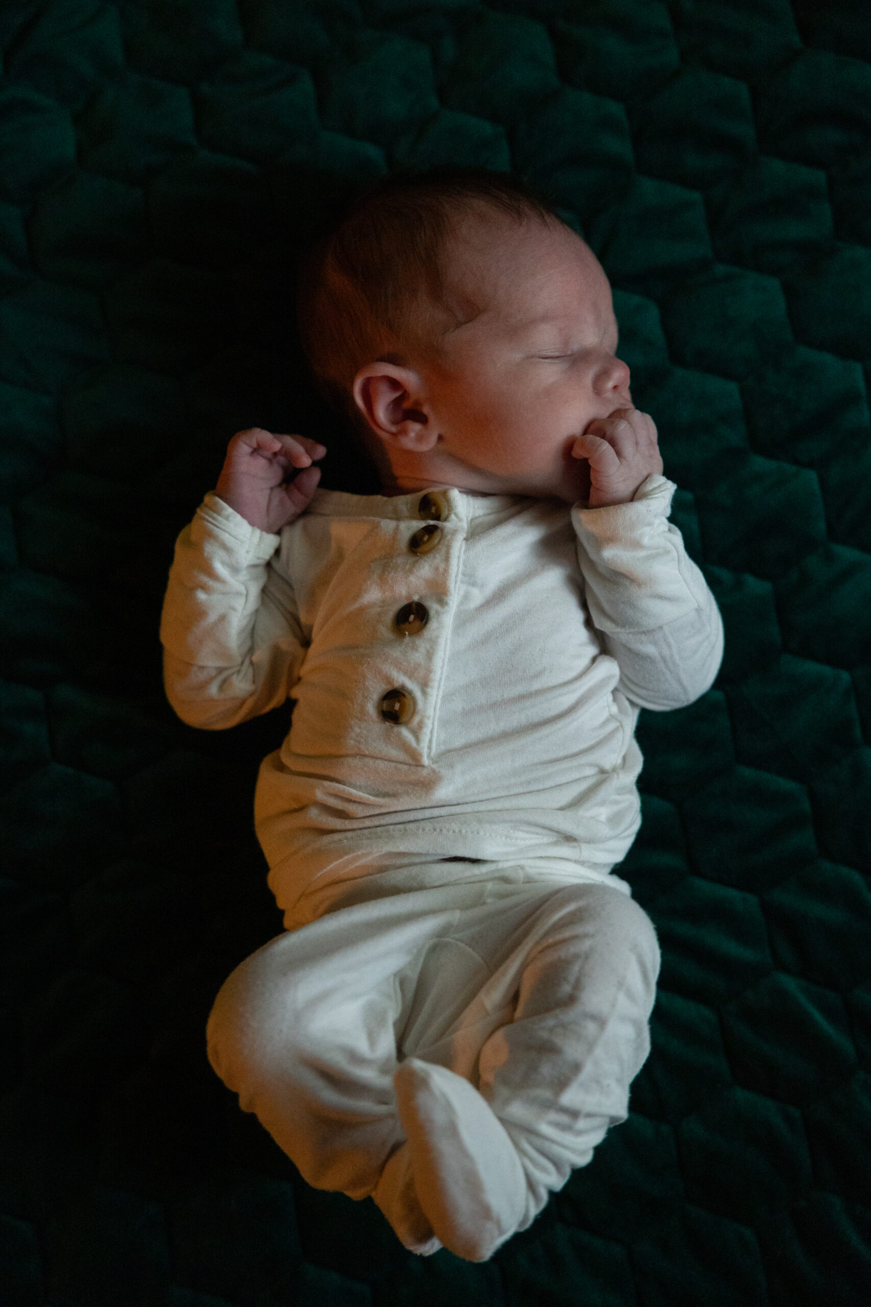 baby laying on green blanket during newborn photos in traverse city. Photo by Traverse City Photographer Lina Lavonne Photography