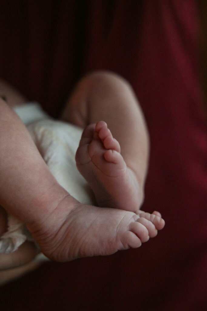 close up of baby feet during newborn photos in traverse city. Photo by Traverse City Photographer Lina Lavonne Photography