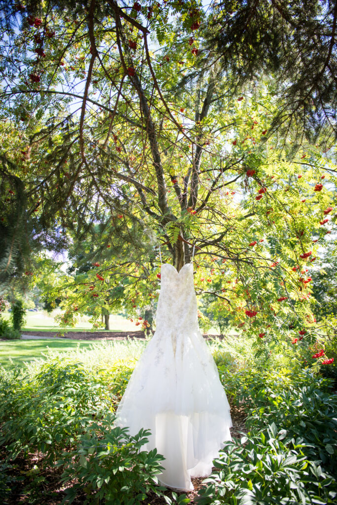 wedding dress hanging from a tree at mission hill church in traverse city. Photo by traverse city wedding photographer lina lavonne photography