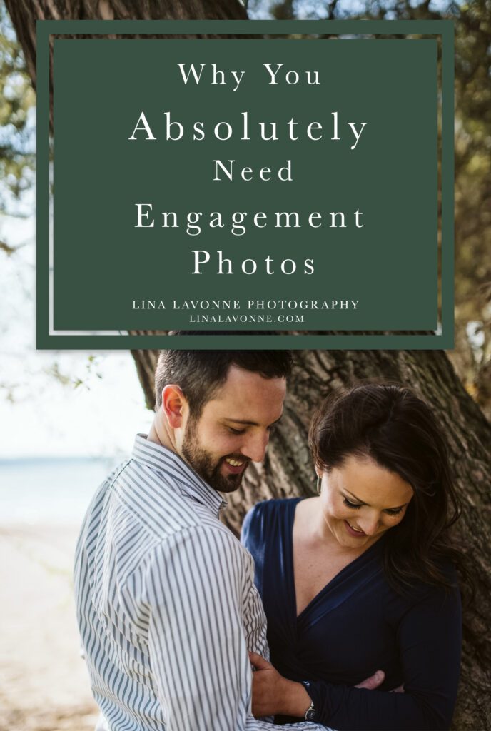 couple laughing under tree on lake michigan. text on image says 'why you absolutely need engagement photos'