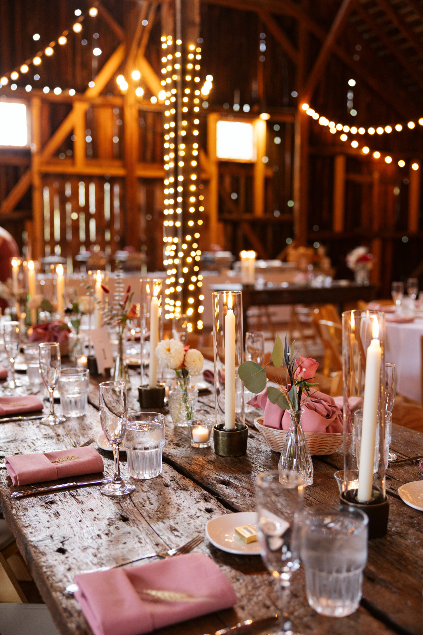 beautiful wedding reception setup at starry night barn wedding in suttons bay michigan