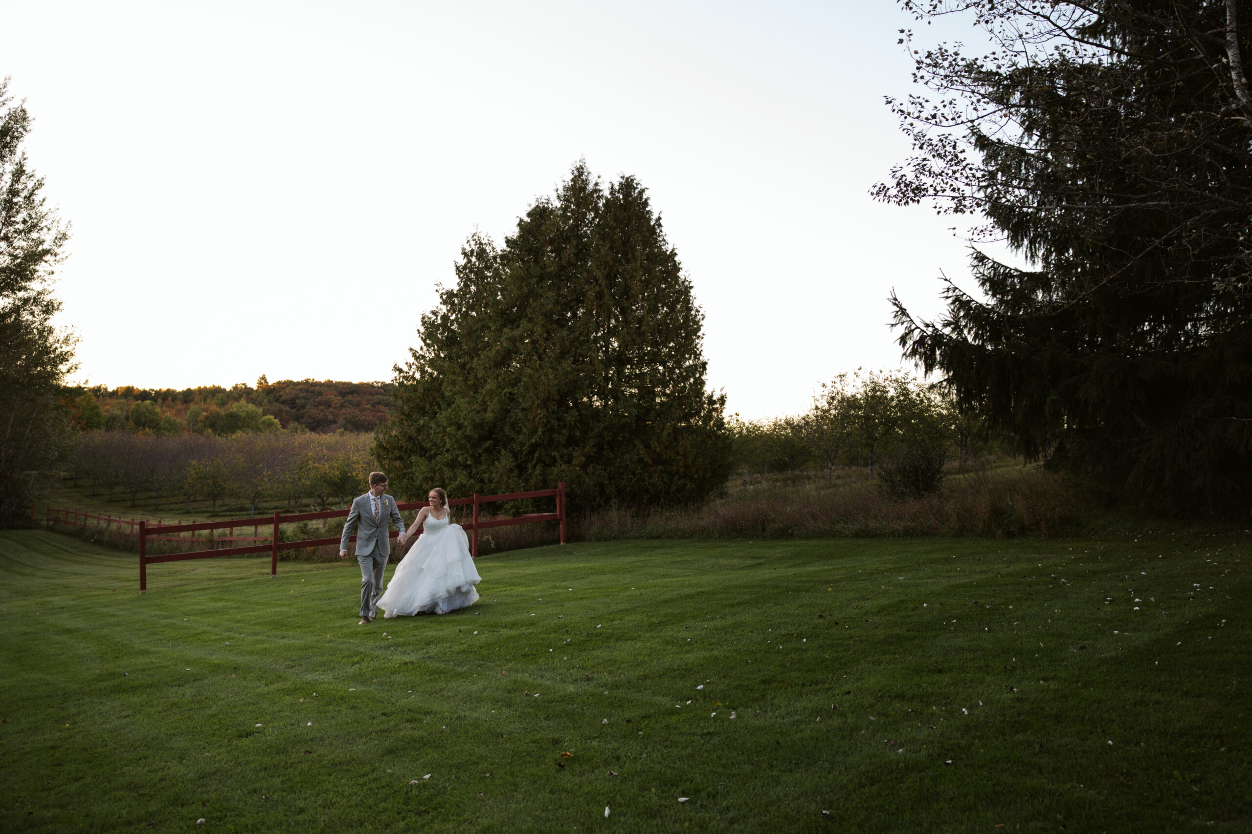 wide shot of a bride and groom walking through a field at starry night barn wedding in suttons bay michigan