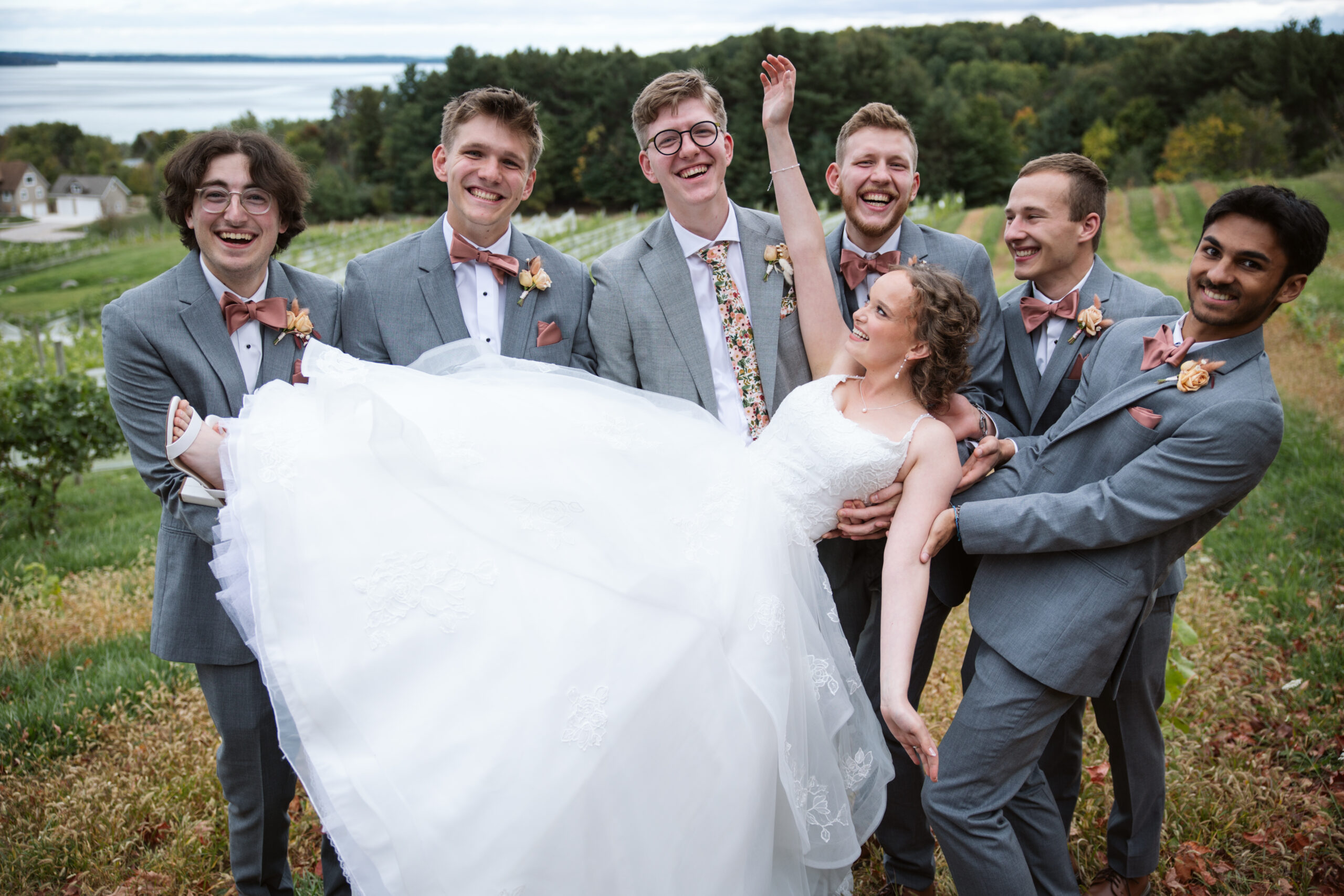 bridal party at suttons bay vineyard