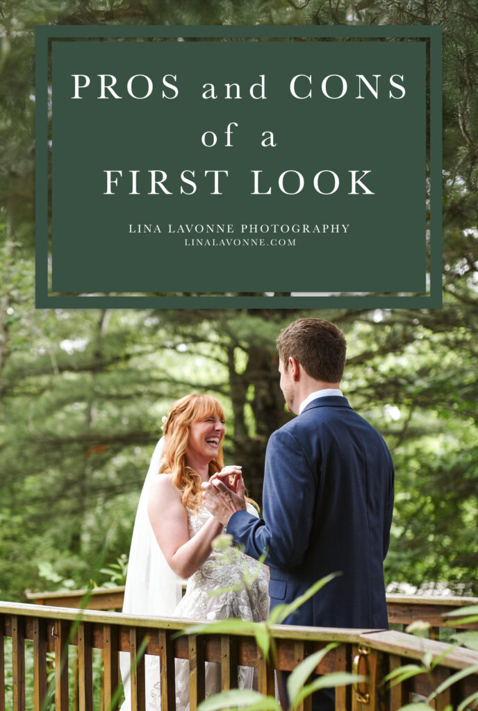 bride and groom during first lookat blue bridge event center in grawn michigan with text "pros and cons of a first look"