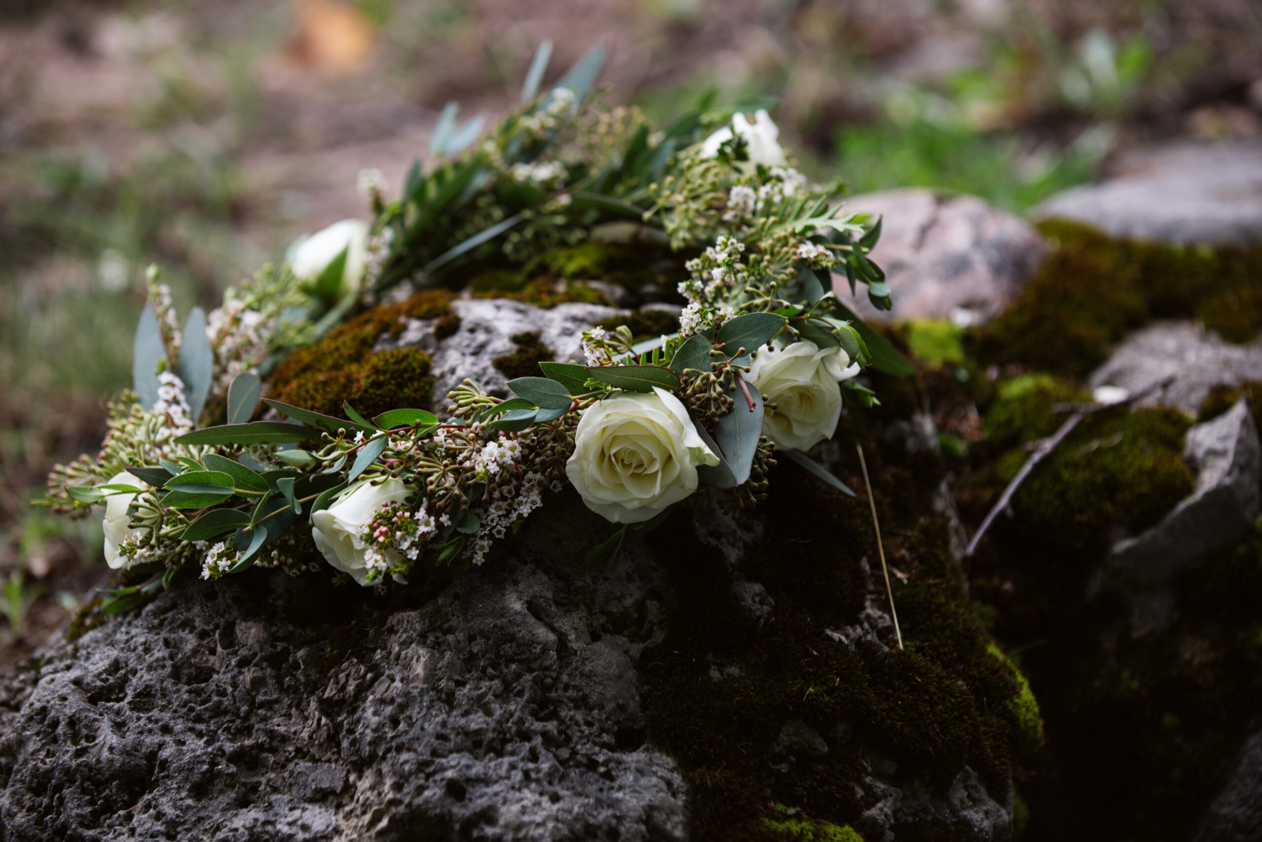 floral crown during wedding at twin lakes campground in traverse city
