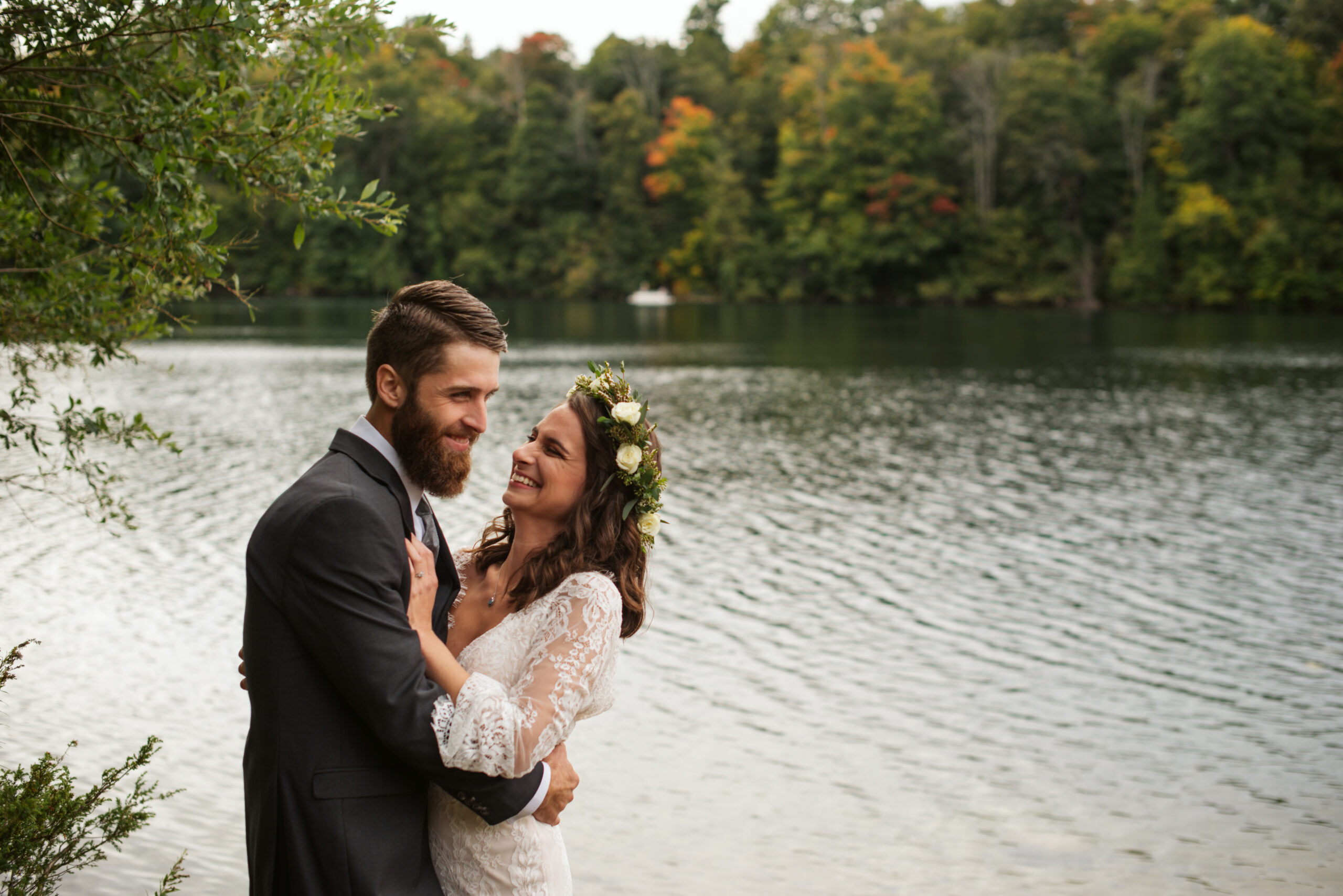 bride and groom during wedding at twin lakes campground in traverse city