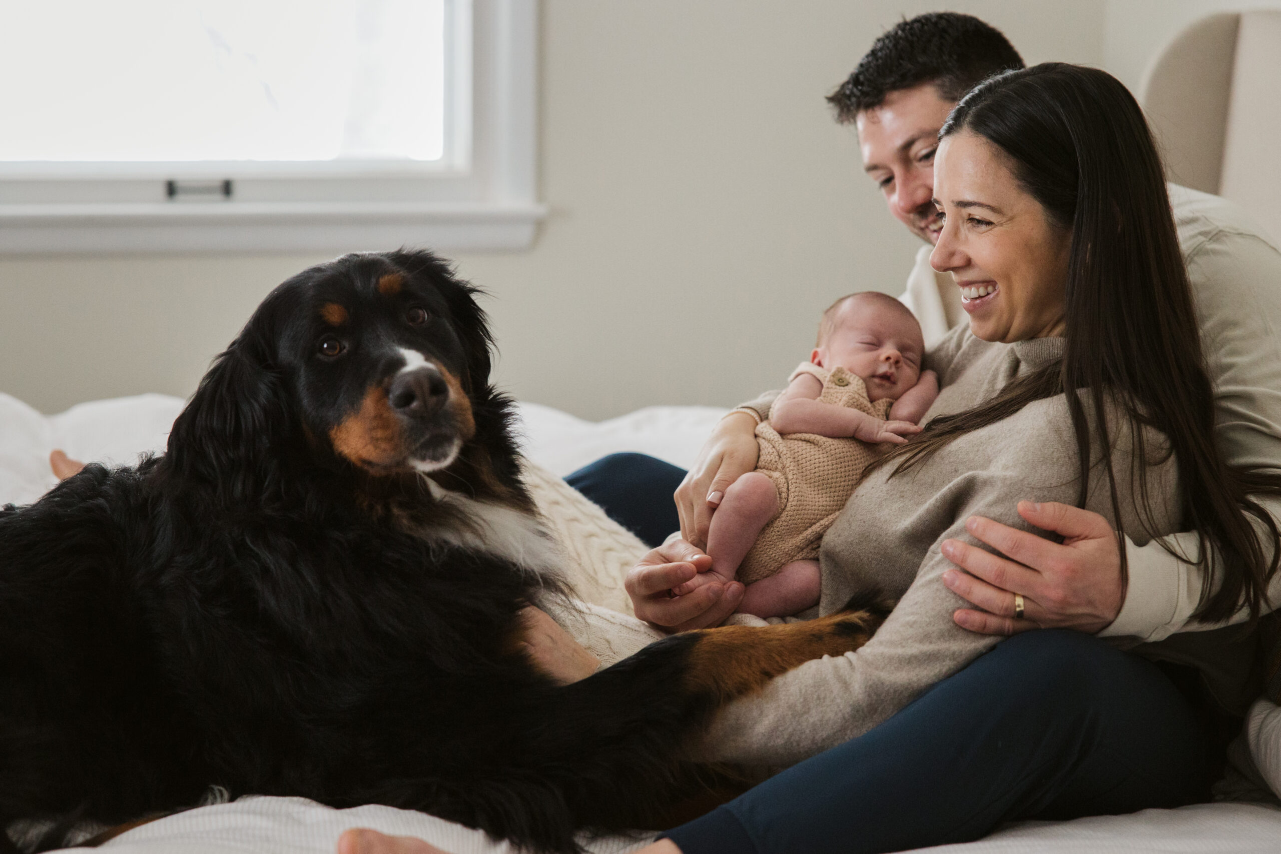 Traverse-city-michigan-newborn-photographer family with dog during newborn family photos in traverse city