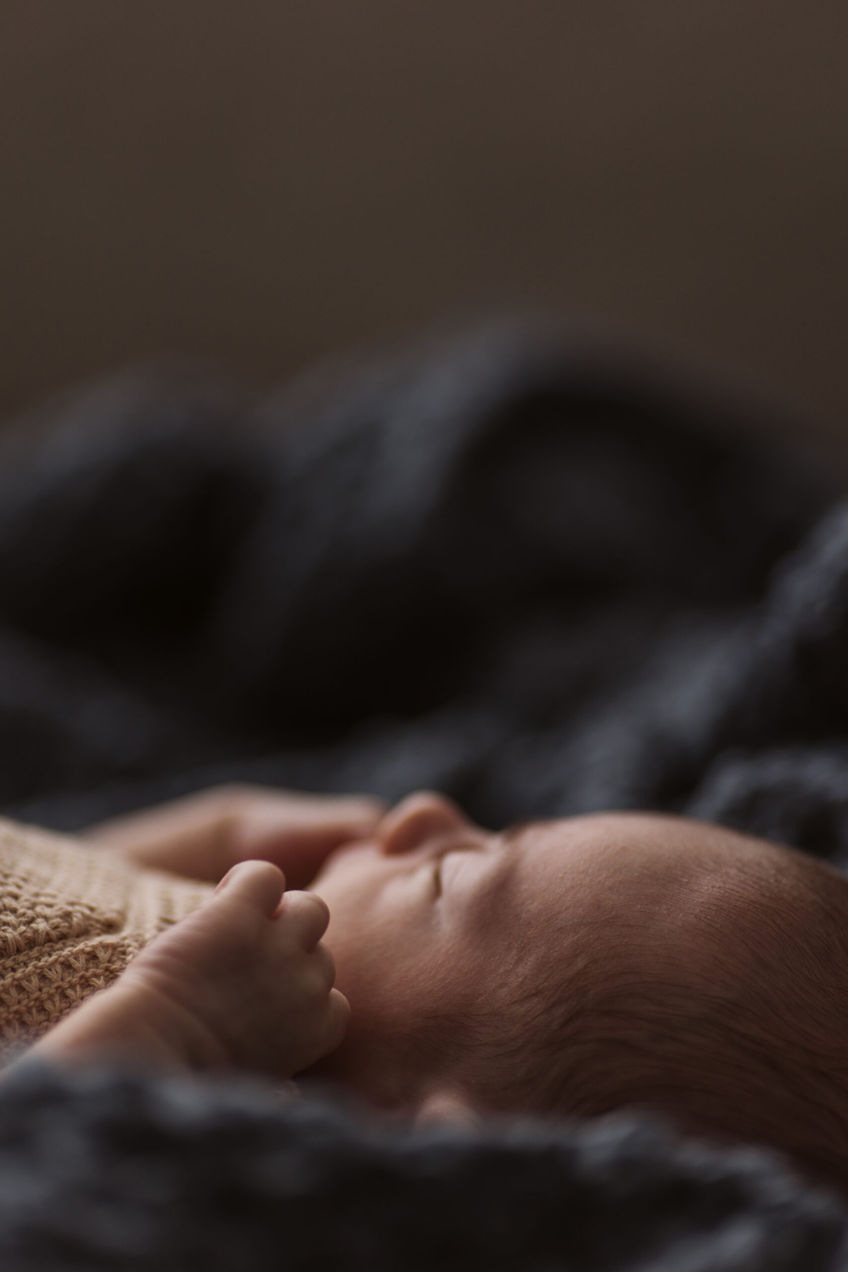 Traverse-city-michigan-newborn-photographer side profile of baby during newborn family photos in traverse city