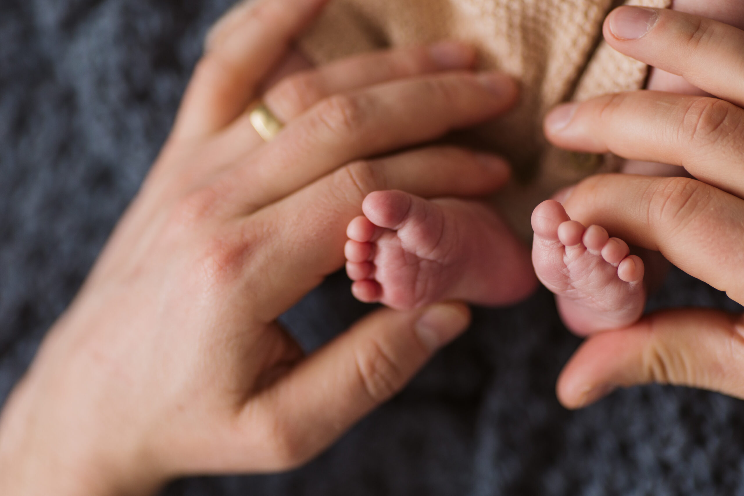Traverse-city-michigan-newborn-photographer father holding baby's feet during newborn family photos in traverse city