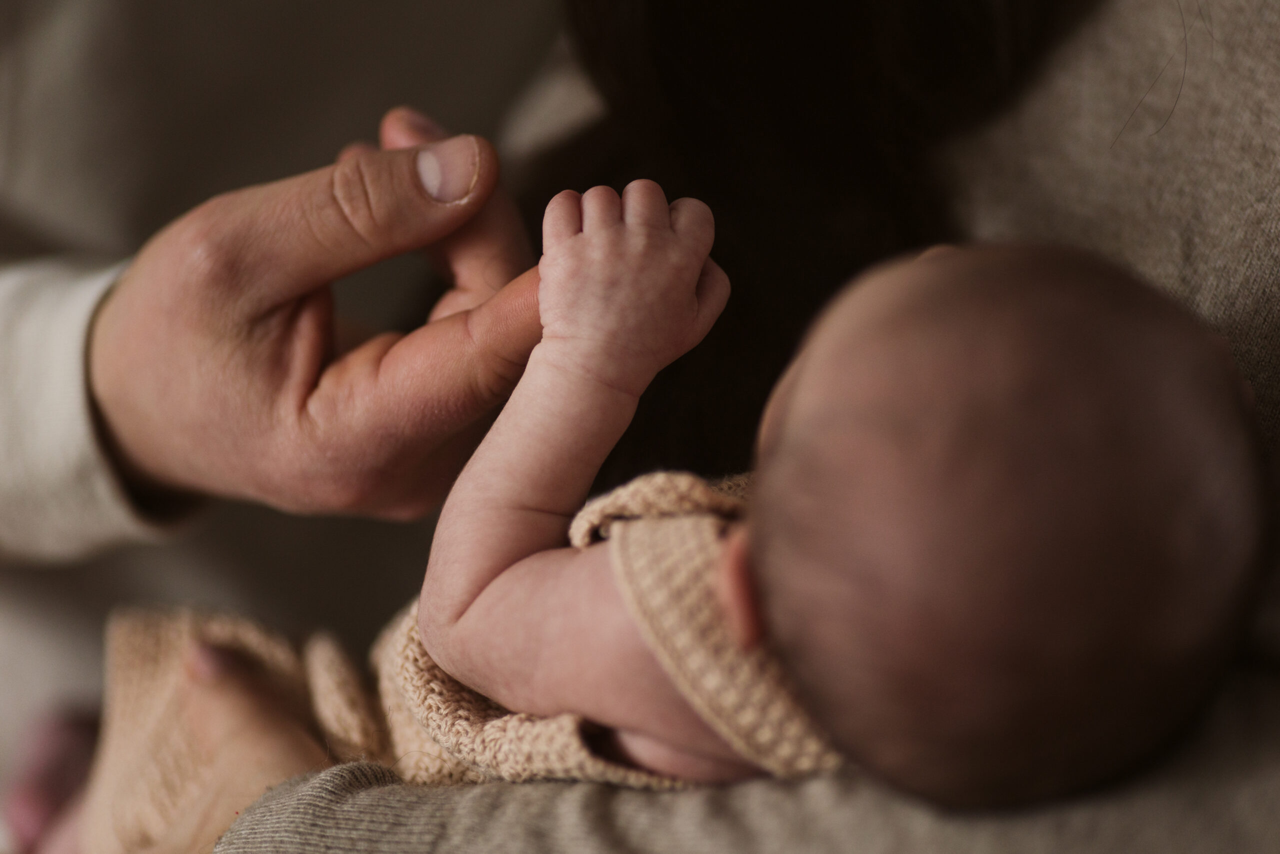 Traverse-city-michigan-photographer baby holding dads hand during newborn family photos in traverse city