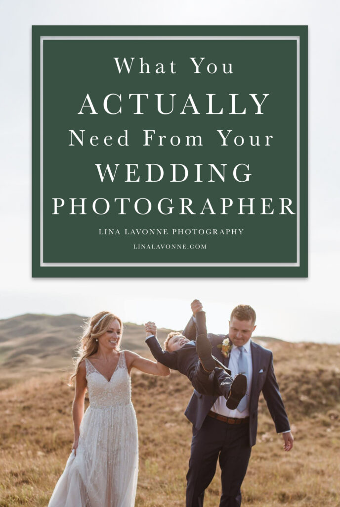 bride and groom with son at arcadia blufs with blog post title "what you actually need from your wedding photographer"