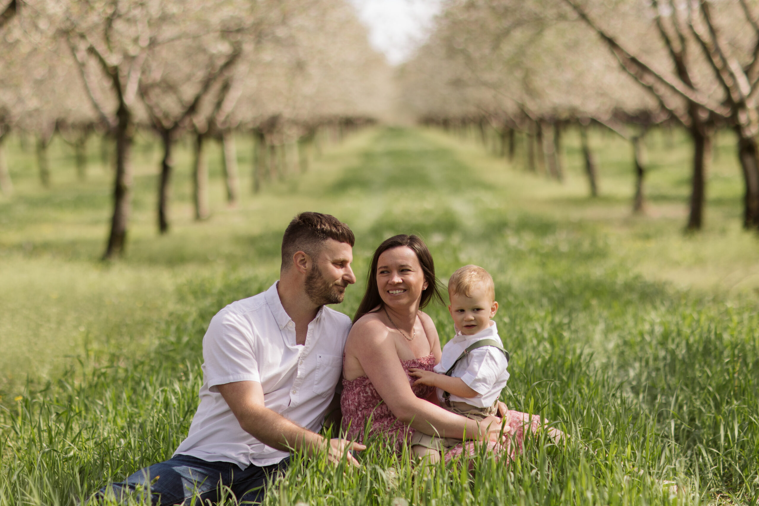 family sitting in the grass during blossoms in empire michigan family session